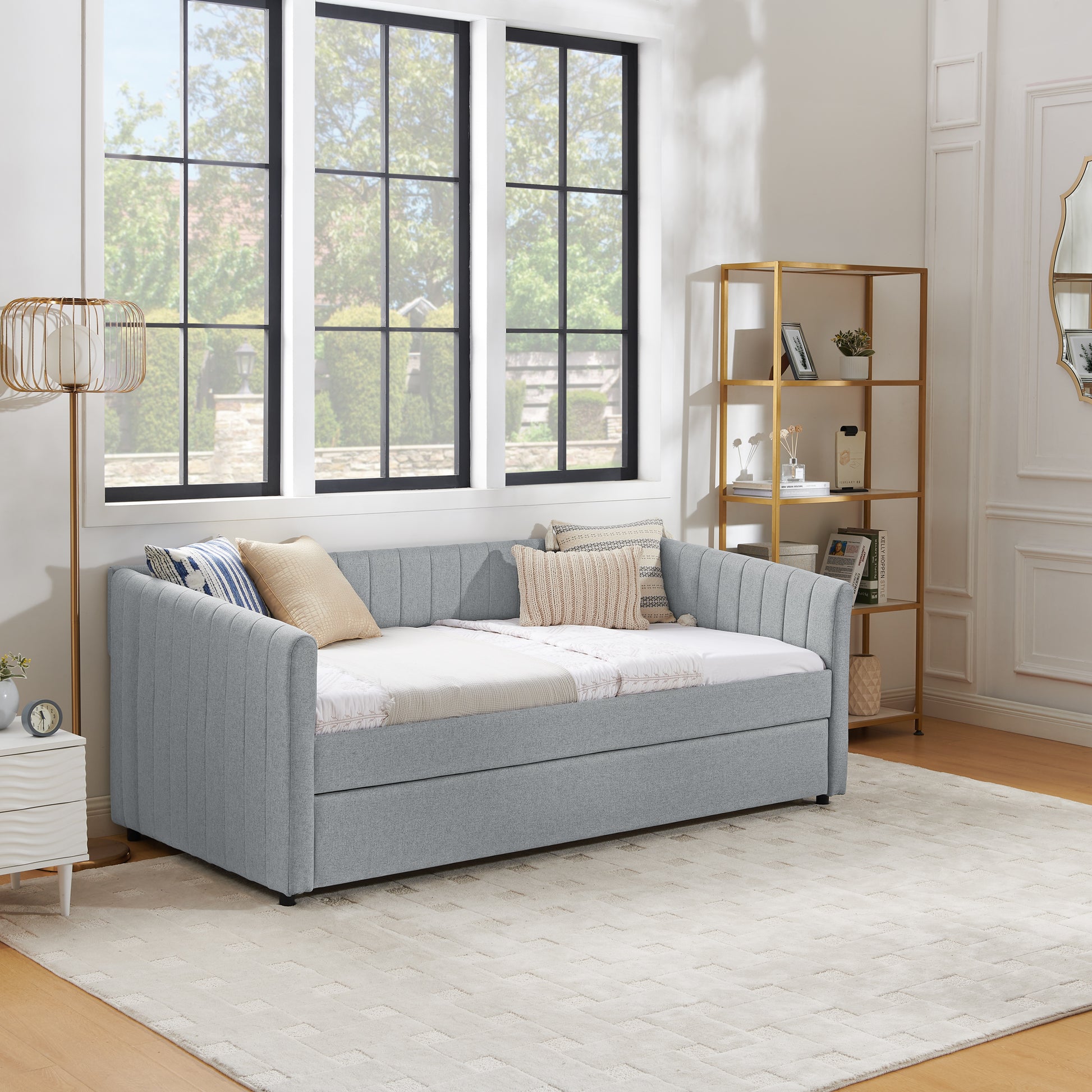 Twin Size Daybed With Trundle Upholstered Sofa Bed, With Vertical Stripes, Linen Fabric, Grey 82.5"X43"X30" Twin Grey Bedroom Contemporary,Minimalist Linen