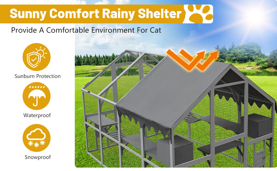 Outdoor Cat House Cat Enclosures 110" Large Kitten Playpen With Platforms,Upgrade Waterproof Cover Grey Blue Grey Metal & Wood