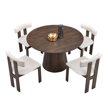 1 Table With 4 Chairs Wooden Dining Table Set, Modern Round Mdf Kitchen Table And Boucle Upholstered Dining Chairs For Dining Room, Kitchen, Saving Space, Brown Brown Solid Wood Mdf