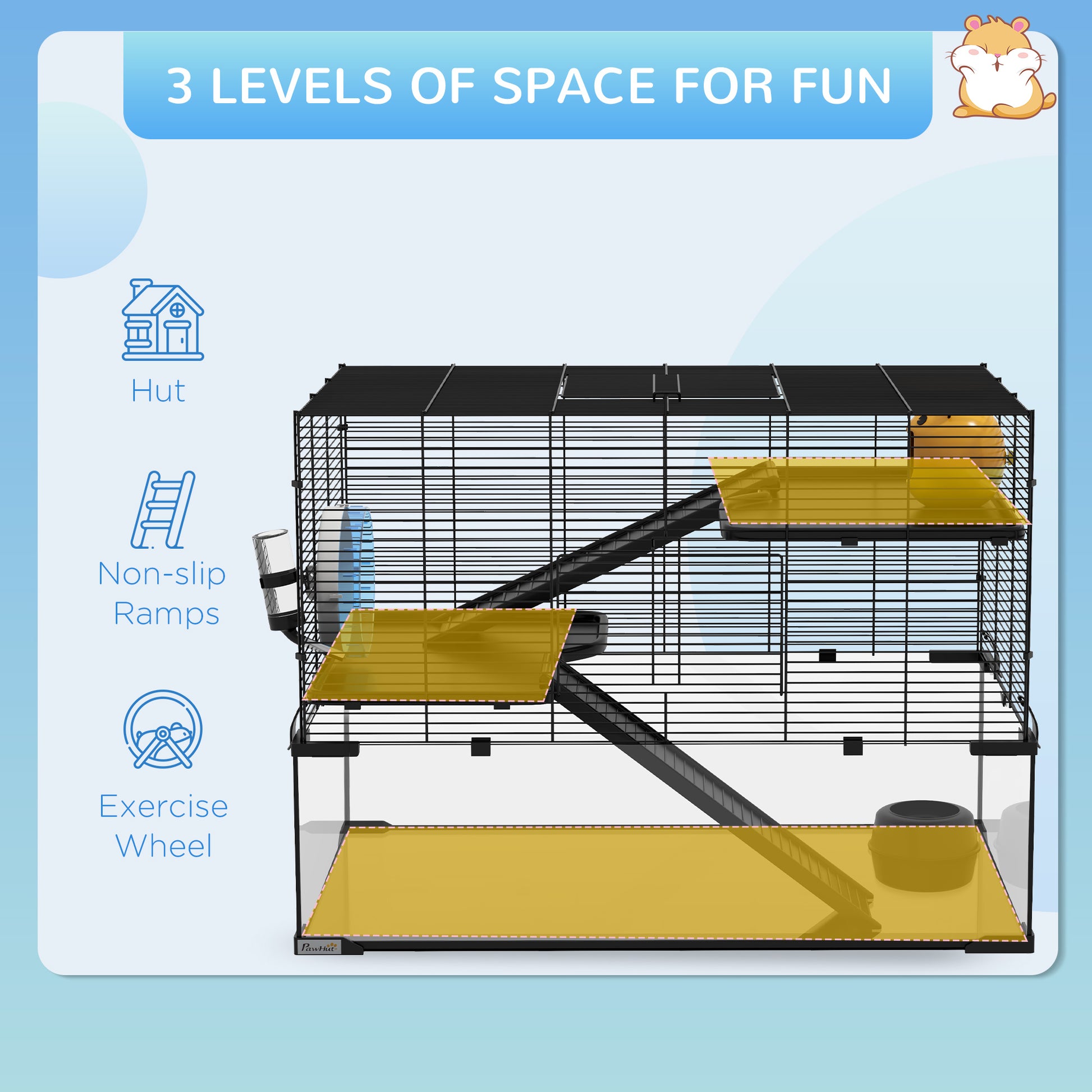 Pawhut Hamster Cage, 31" Gerbil Cage With Glass Basin, Ramps, Platforms, Hut, Exercise Wheel, For Small Hamsters, Black Black Steel