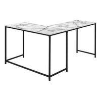 Computer Desk, Home Office, Corner, 58"L, L Shape, Work, Laptop, White Marble Look Laminate, Black Metal, Contemporary, Modern White Particle Board