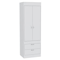 Lisboa Armoire, Rod, Double Door, Two Drawers, Metal Handles White White Particle Board