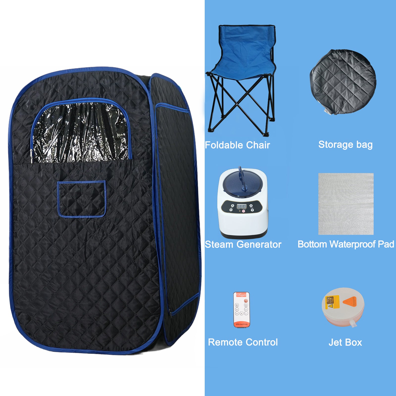 Portable Steam Sauna, Portable Sauna For Home, Sauna Tent Sauna Box With 3L Steamer With Remote Control And Folding Chair, Black Black Blue Fabric