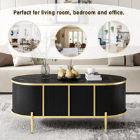 Modern Luxury Oval Shaped Fluted Coffee Table, Marble Patterned Top Coffee Table With 2 Cabinets, Metal Legs And Handles For Living Room, Black Date Of Expected Arrival: 11.20 Black Mdf