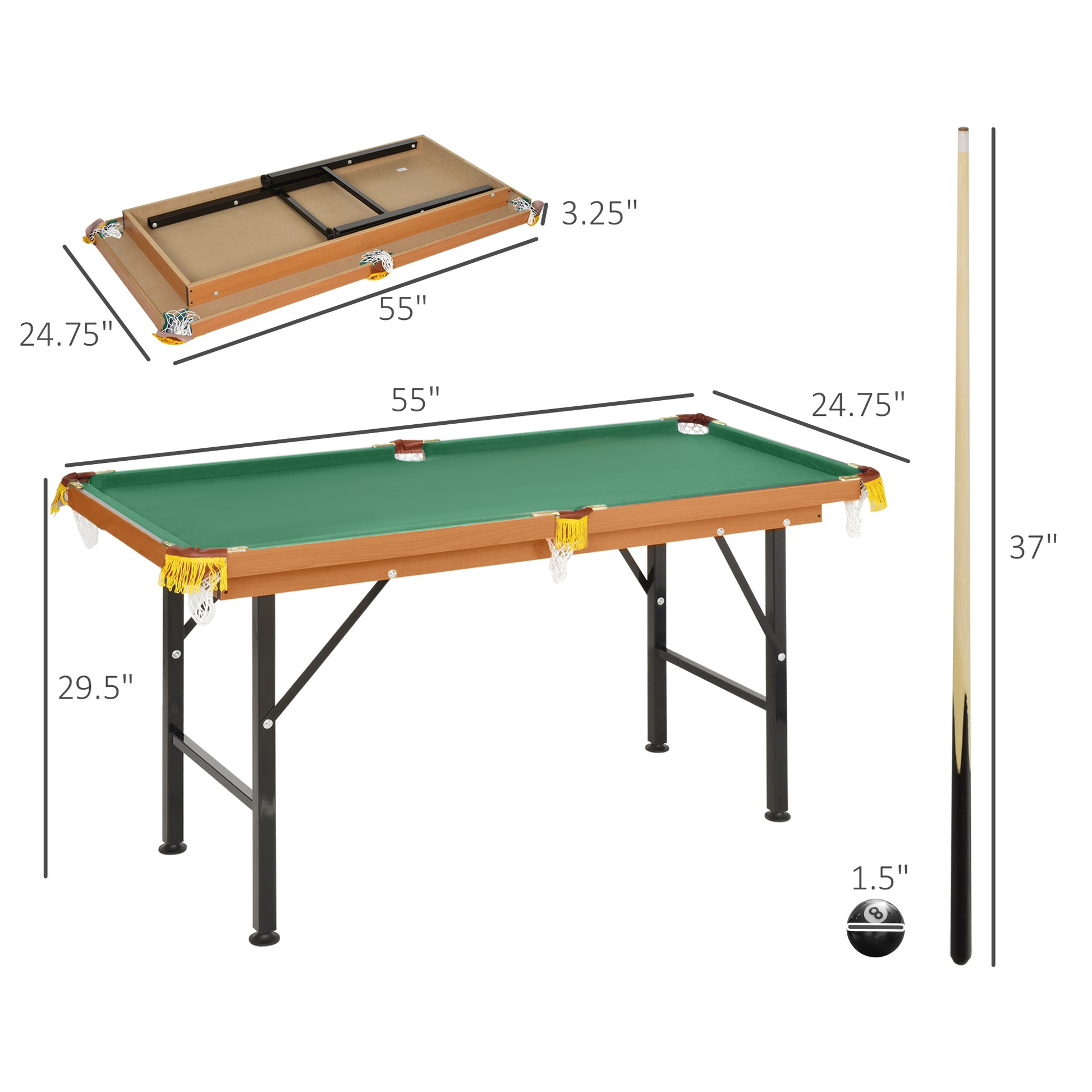 Soozier 55" Portable Folding Billiards Table Game Pool Table For Whole Family Number Use With Cues, Ball, Rack, Chalk, Green Green Mdf Steel