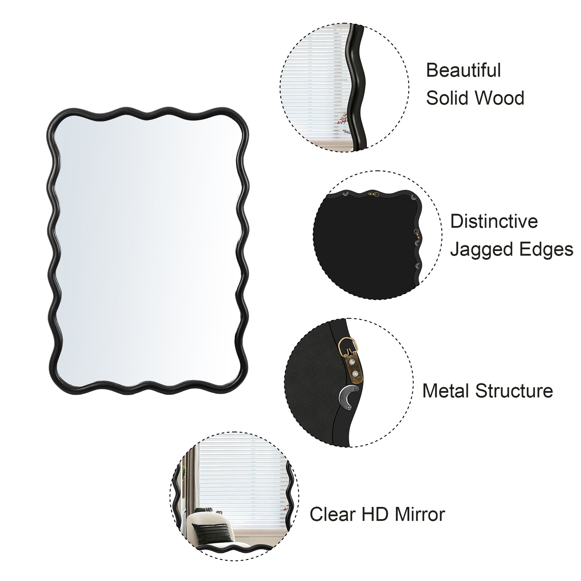 Solid Wood Wavy Rectangle Mirror Black 40" X 28" Modern Mirror Wall Decor For Bathroom, Bedroom, Living Room, Dining Room, Cloakroom, Entryway Rectangle Antique Black Living Room Large 33In 40In Glass Solid Wood