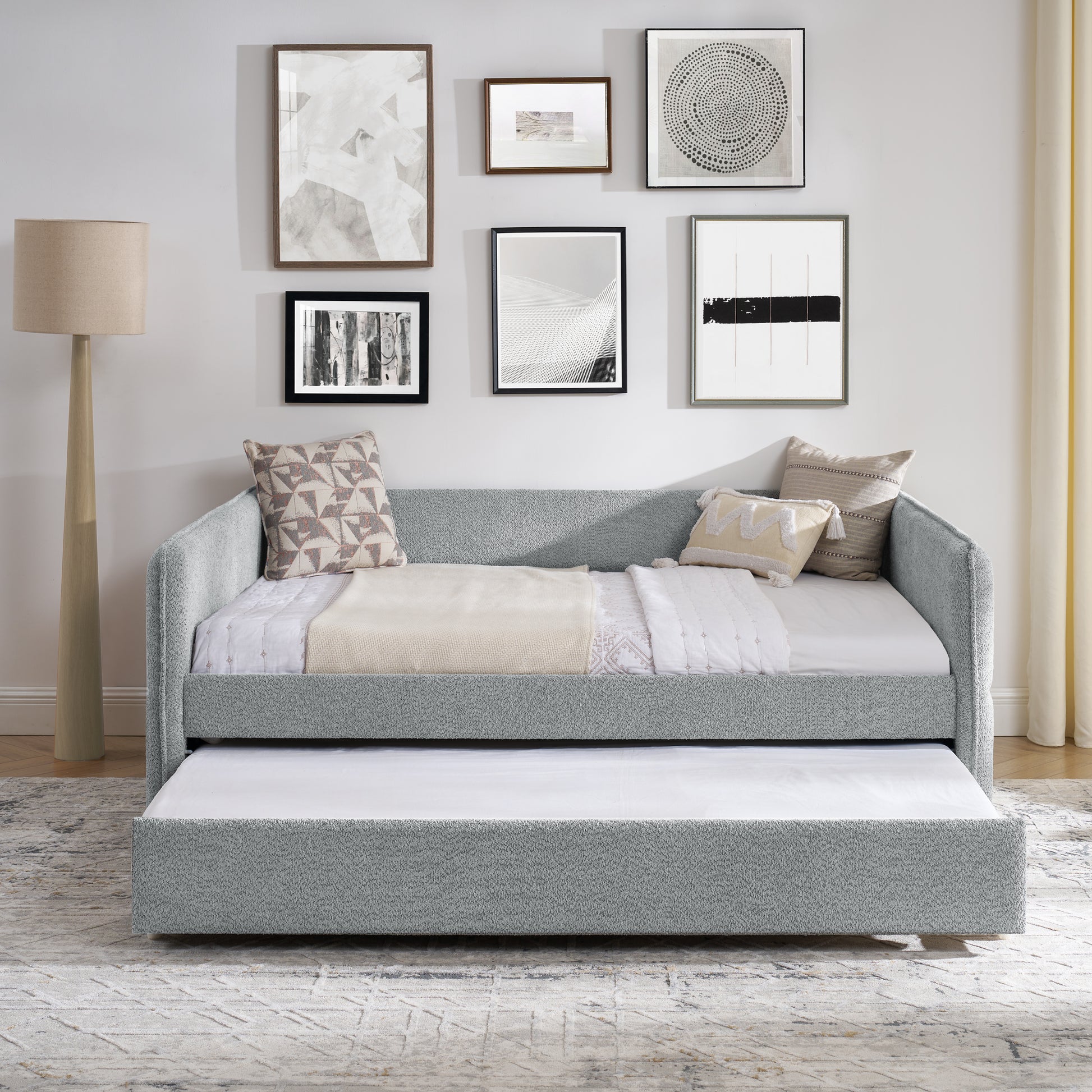 Daybed With Trundle Upholstered Tufted Sofa Bed, Full Size, Boucle Fabric, Grey 83"X58.5"X29.5" Grey Linen