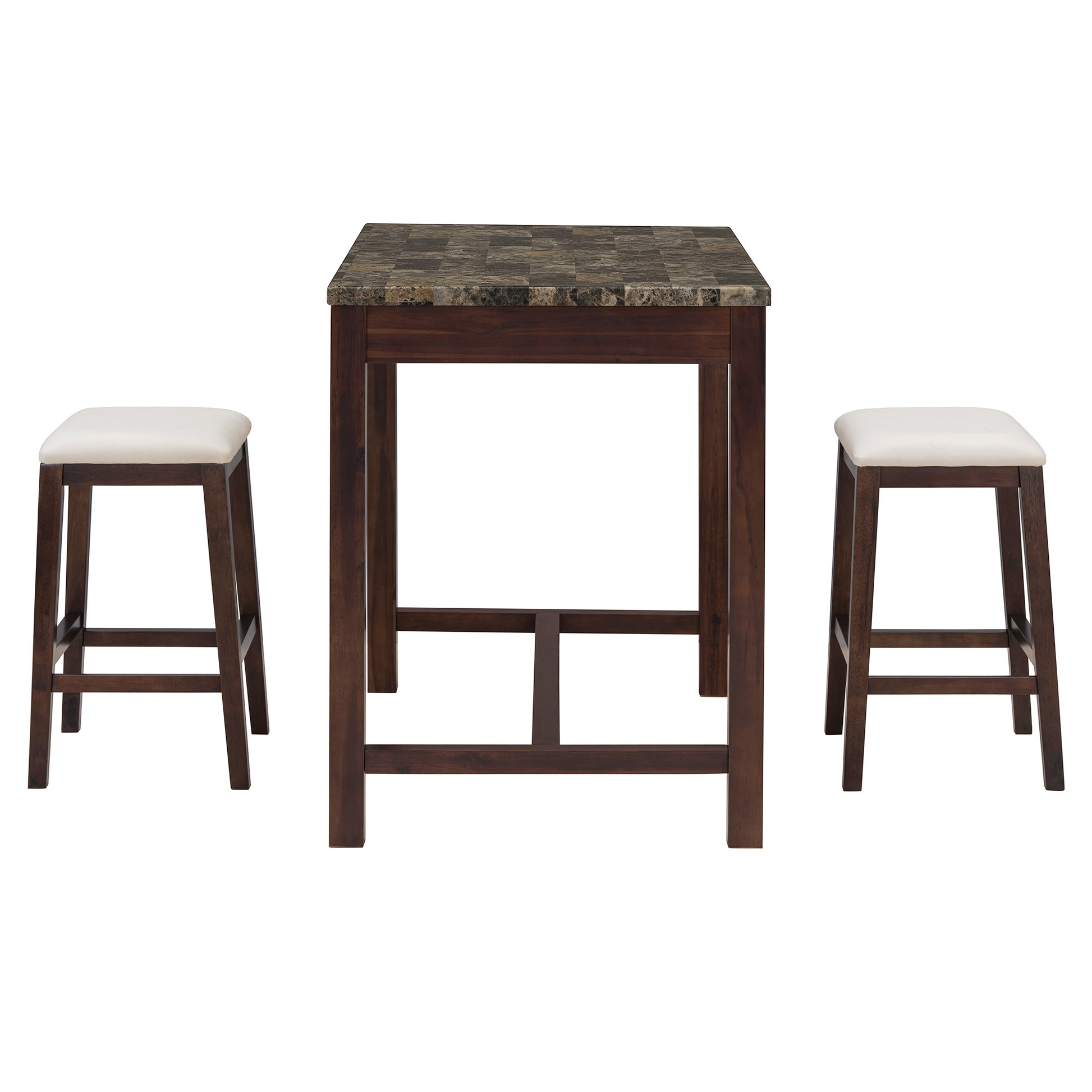 3 Piece Modern Faux Marble Versatile Bar Table Set With Storage Drawers And Padded Stools, Ideal For Space Saving Dining Nooks Or Small Kitchens Walnut Walnut Solid Wood Mdf