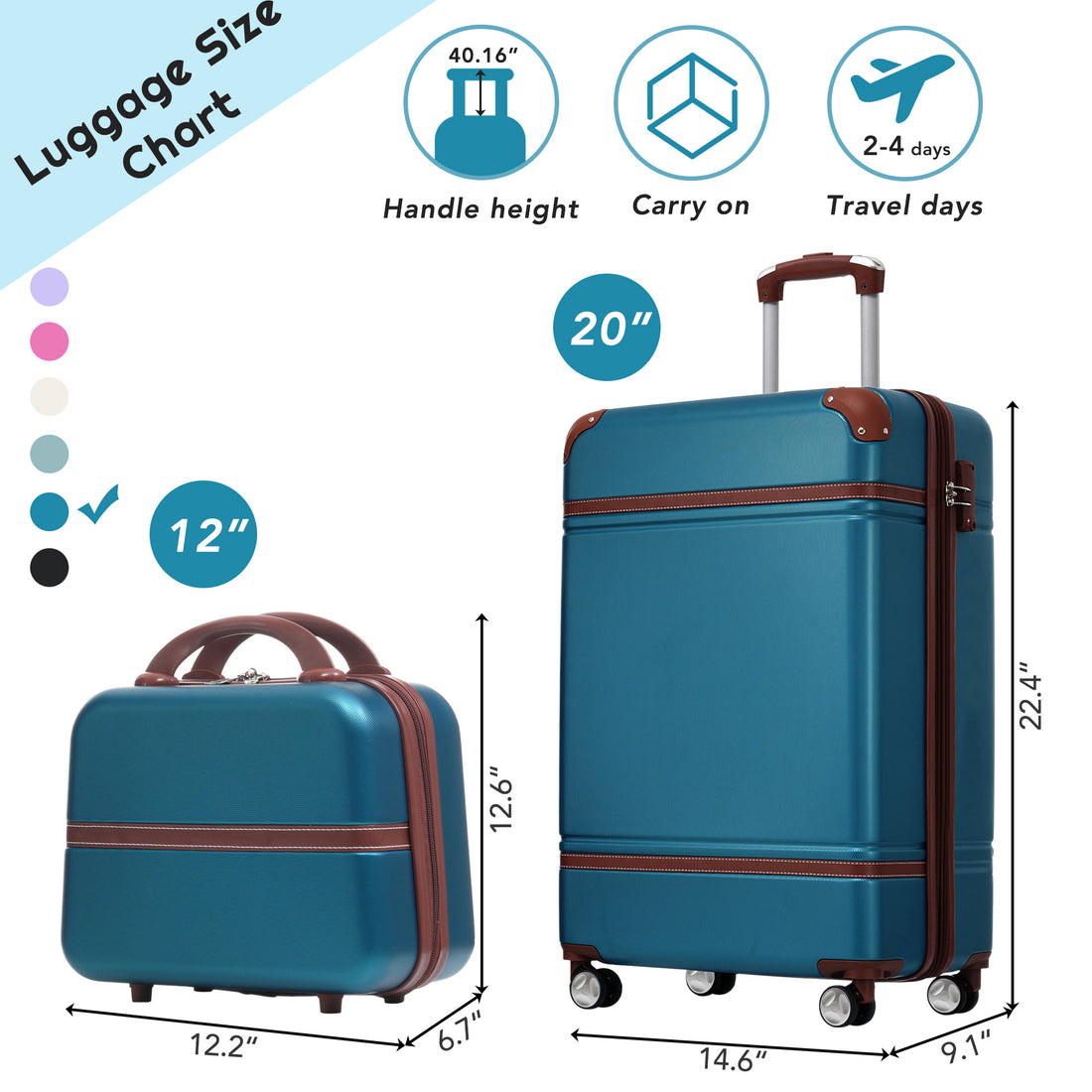 20 In Hardside Luggage With Cosmetic Case2 Piece Lightweight Suitcase Set With Spinner Wheels, Carry On Vintage Luggage,Blue Blue Abs