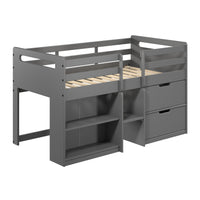 Grey Twin Loft Bed With Built In Drawers And Bookshelf Grey Gray Wood