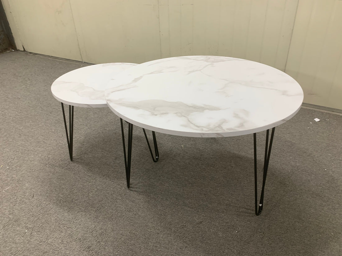 27.56'' Round Nesting Coffee Table Set Of 2, Circular Nesting End Table Set, Round Marble Tabletop, And Sturdy Metal Base For Living Room, Bedroom, White White Round Wood Metal