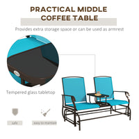 Outsunny Outdoor Glider Bench With Center Table, Metal Frame Patio Loveseat Withmesh Fabric And Armrests For Backyard Garden Porch, Blue Blue Steel