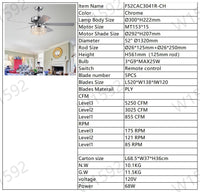 52Inch Crystal Ceiling Fan With Lights, 5 Wood Bladesmodern Fandelier Ceiling Fan With Noiseless Motor, Chandelier Fan With Remote For Bedroom,Living Room Chrome3*G9 Bulb Chrome American Design,American Traditional,Antique,Farmhouse,Industrial Plywood