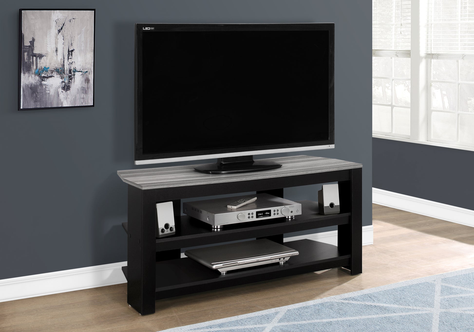 Tv Stand, 42 Inch, Console, Media Entertainment Center, Storage Shelves, Living Room, Bedroom, Black And Grey Laminate, Contemporary, Modern Black 80 89 Inches Particle Board