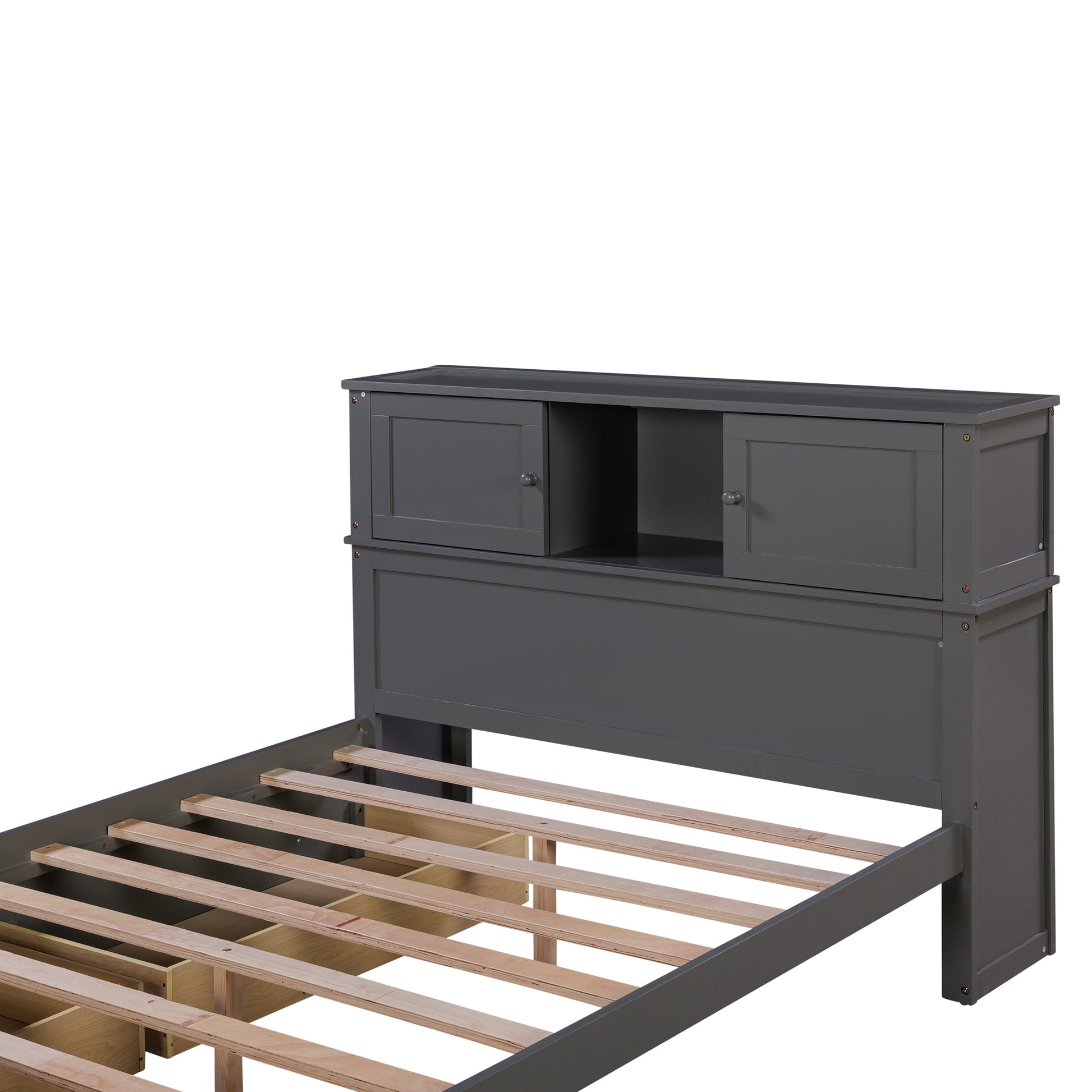 Full Size Platform Bed With Storage Headboard And Sliding Door,2 Drawers, Gray Full Gray Solid Wood Mdf