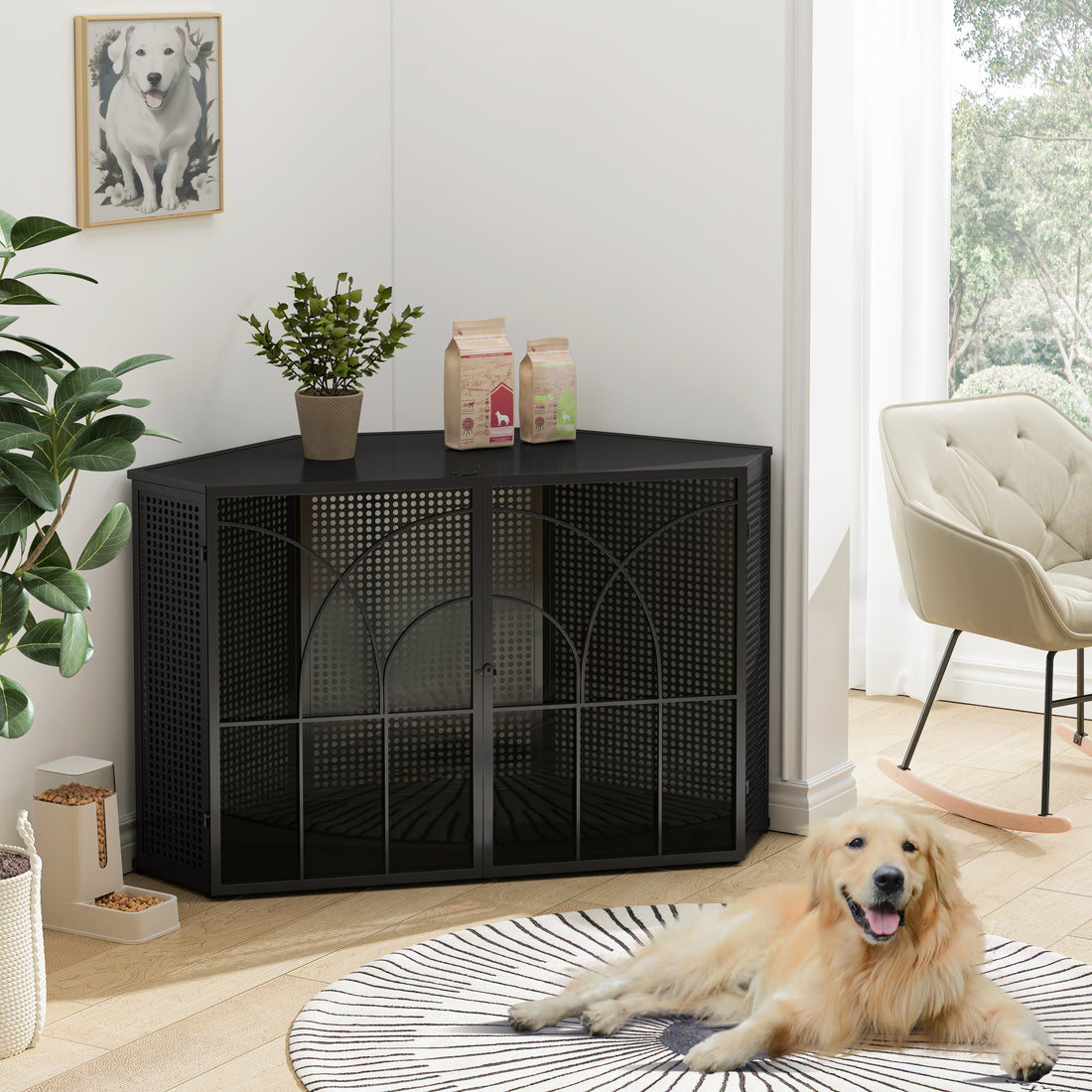 47.24"Spacious Dog Cage With Tempered Glass, For Corner Of Living Room, Hallway, Study And Other Spaces, Black Black Metal