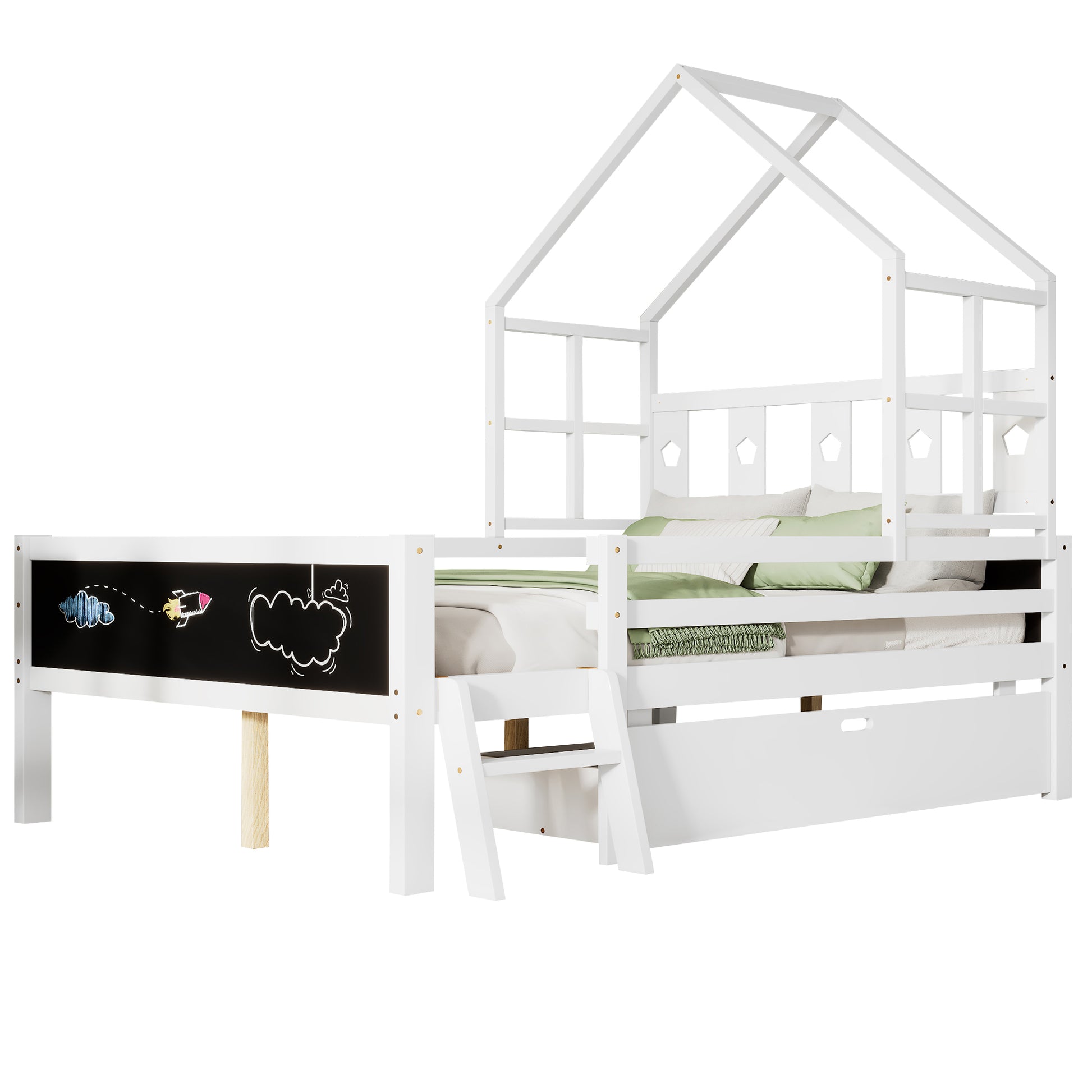 Full Size House Bed With Ladder And Storage Drawers For Kid Bedroom,Solid Wood Platfrom Bedframe With 2 Blackboard Design, No Box Spring Needed, White Full White Partice Board Mdf Pine Wood