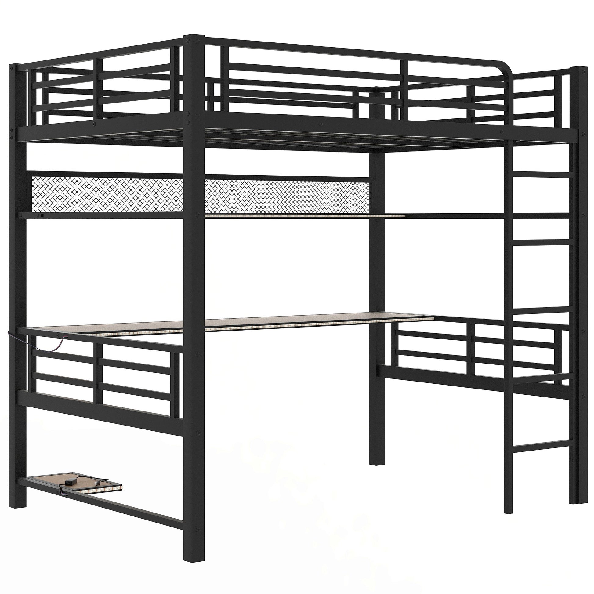 Full Size Metal Loft Bed Frame With Storage Shelf And Led Light,Iron Mesh,Black Expected Arrival Time:10.10 Black Metal