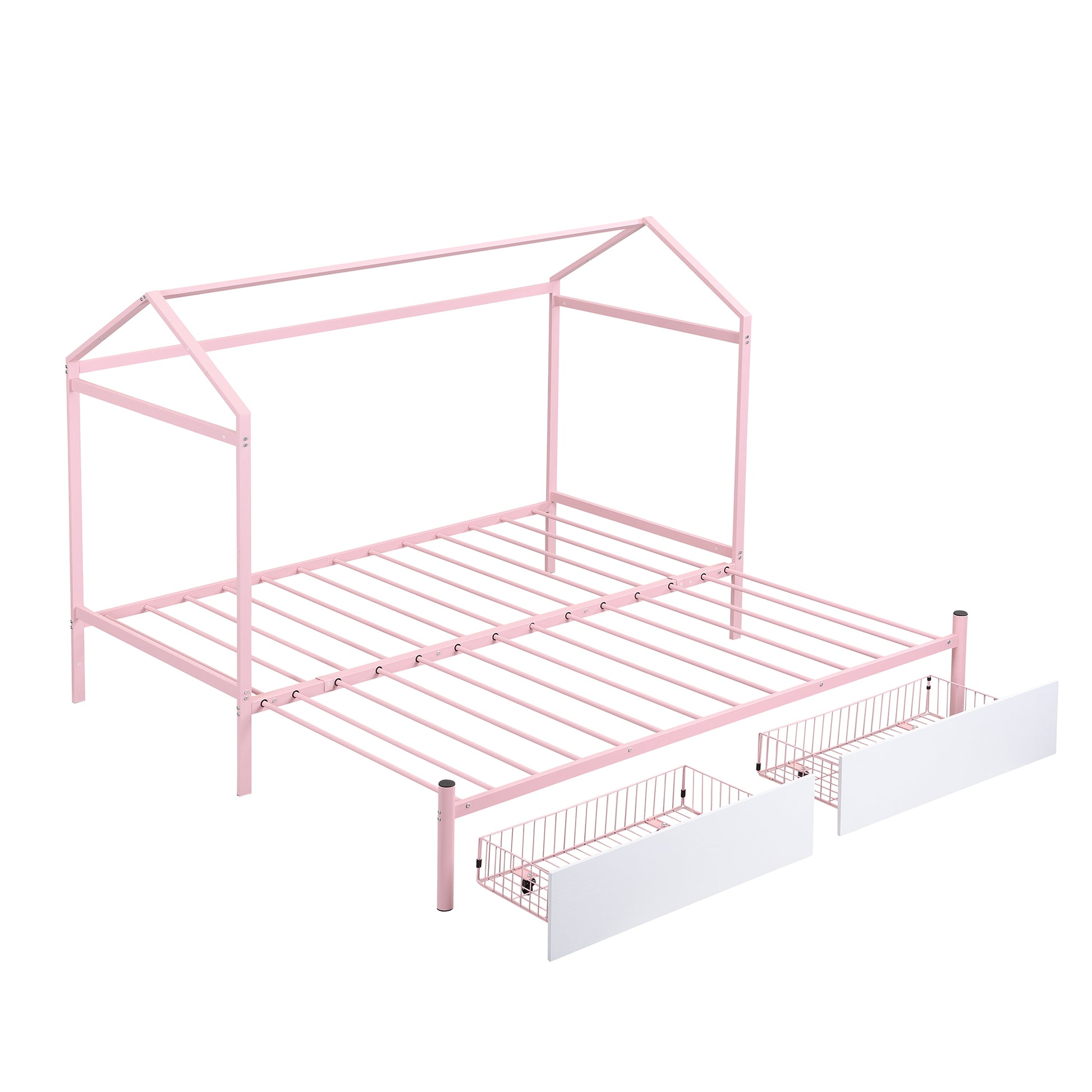 Twin Xl To King Metal Twin Size House Platform Bed With 2 Drawers, Pink Box Spring Not Required Twin Xl Pink Metal Bed Frame Metal