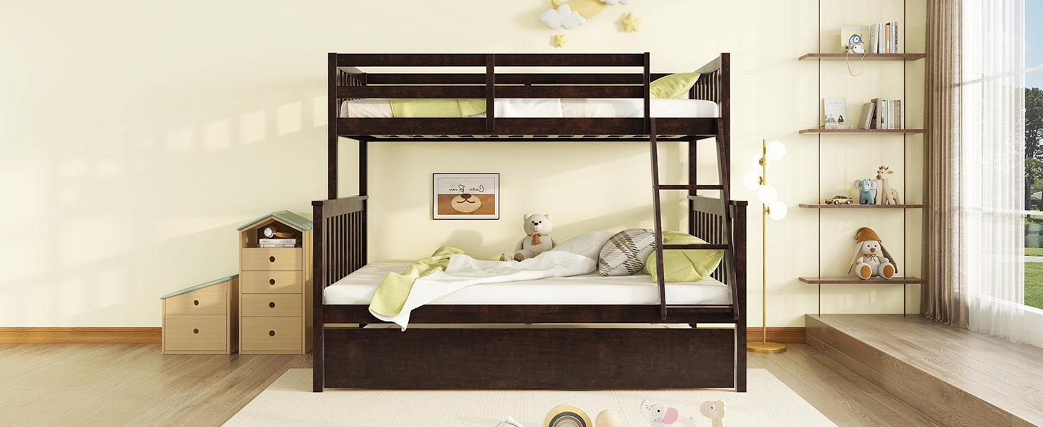 Twin Over Full Rubber Wood Bunk Bed With Trundle, Convertible Ladder And Guardrail, Detachable, Convertible Bed, With Twin Size Trundle ,Espresso Twin Espresso Rubber Wood