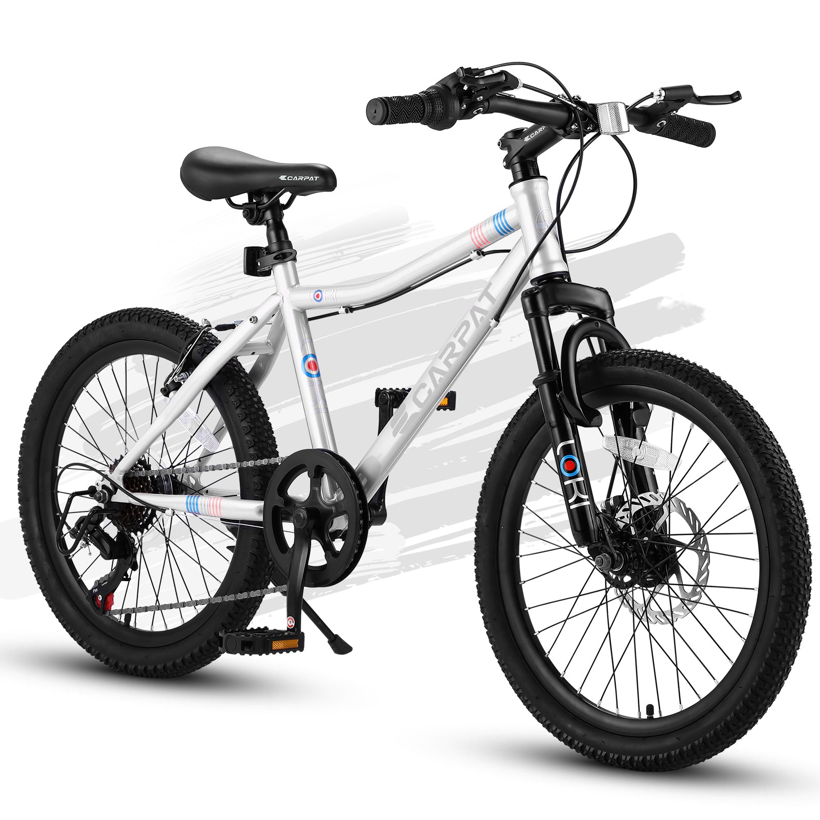 S20101 Ecarpat 20 Inch Kids Bike, Boys Girls Mountain Bike Ages 8 12, 7 Speed Teenager Children Kids' Bicycles, Front Suspension Disc U Brake, 14 Inch Height Steel Frame White Polyurethane Foam Carbon Steel