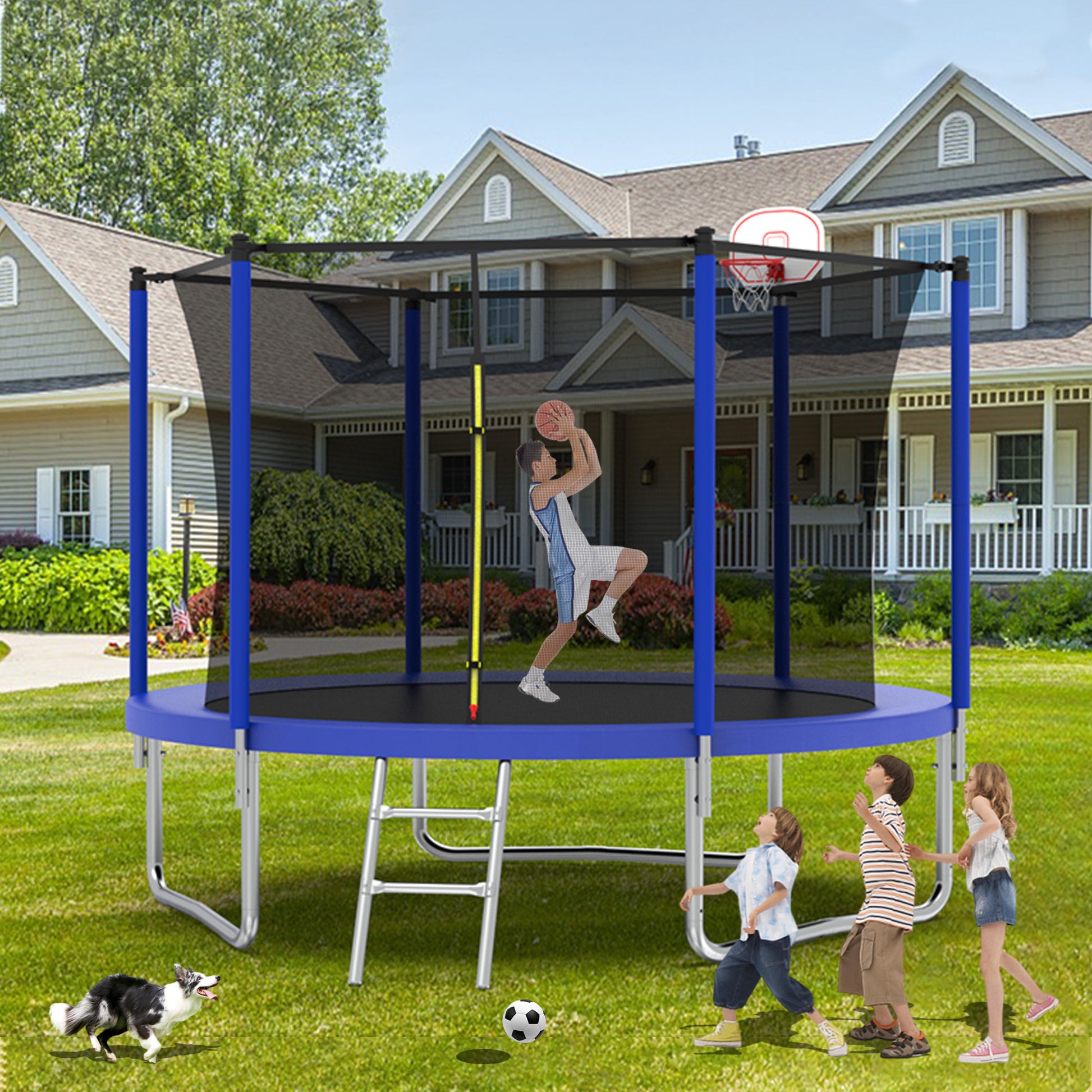 10Ft Trampoline For Kids, Basketball Hoop And Ladder, Outdoor Kids Trampoline With Safety Enclosure,Fast Assembly For Backyard Fun,Astm Approved Blue Metal