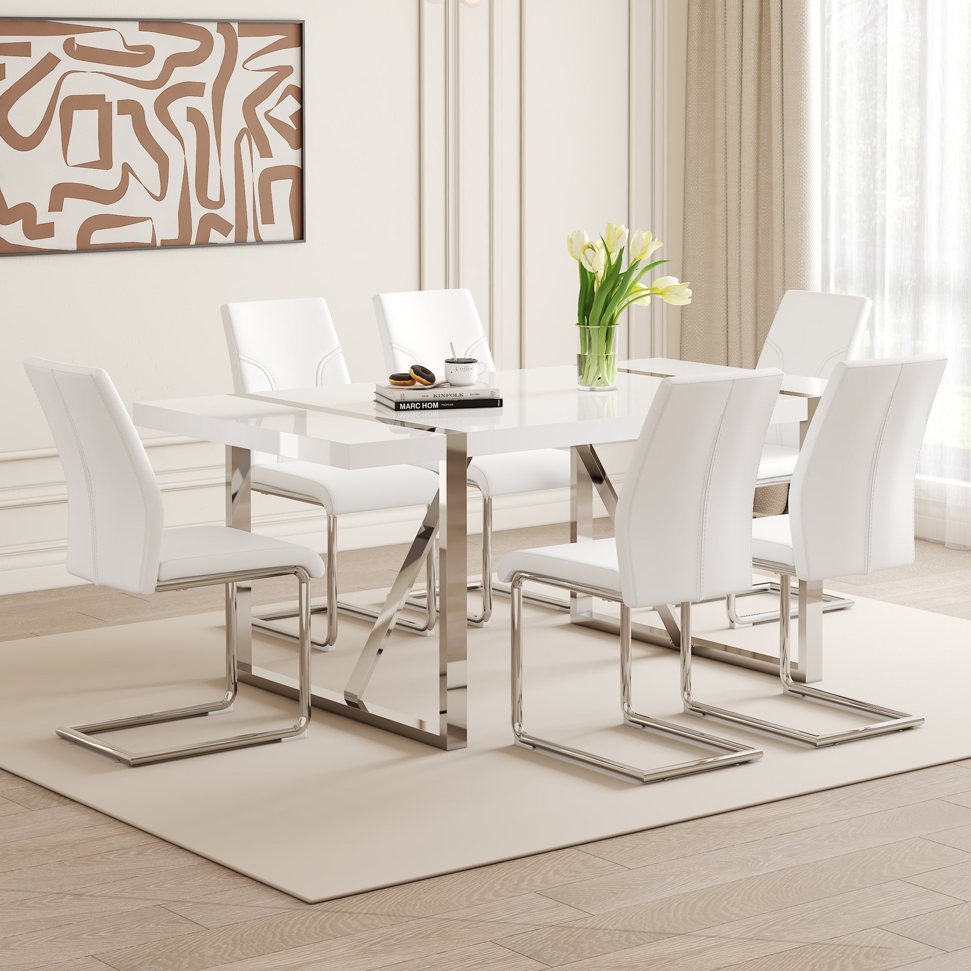 Table And Chair Set.71"X39.3" White Mdf Painting Dining Table Set With 6 White Pu Chairs.Showcasing A Modern And Stylish Look.Suitable For Dining Room.Mdf Painting,Iron Pipe Plating,Pu Chiairs.