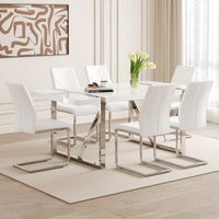 Table And Chair Set.71"X39.3" White Mdf Painting Dining Table Set With 6 White Pu Chairs.Showcasing A Modern And Stylish Look.Suitable For Dining Room.Mdf Painting,Iron Pipe Plating,Pu Chiairs.