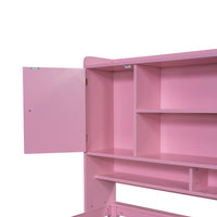 Twin Size Multifunctional Wood Platform Bed With Bookshelf At The Head Of The Bed, Built In Desk And Matching Chair, Pink Twin Pink Wood