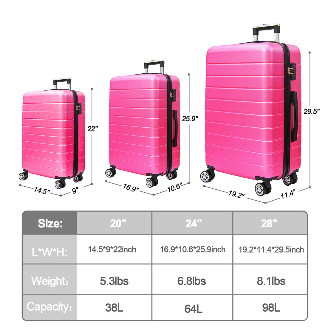 3 Piece Luggage Set Travel Lightweight Suitcases With Rolling Wheels,Tsa Lock & Abs Hard Shell ,Carry On Luggages For Business, Trip, 20 24 28 Rose Red Abs