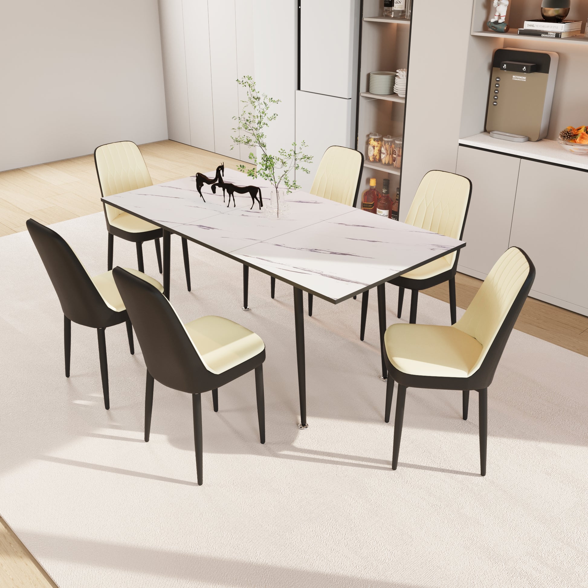 An Expandable Dining Table Set For 2 6 People, Equipped With Pu Fabric Thick Cushioned Dining Chairs And An Elegant And Spacious Dining Tablekitchen Table And Chair Set, With Black Metal Legs Beige