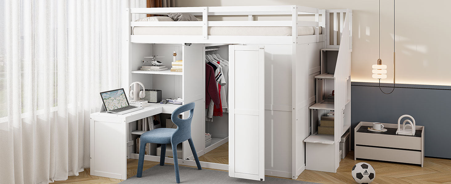 Full Size Bunk Bed With Wardrobe,Desk And Shelves,White White Mdf Lvl