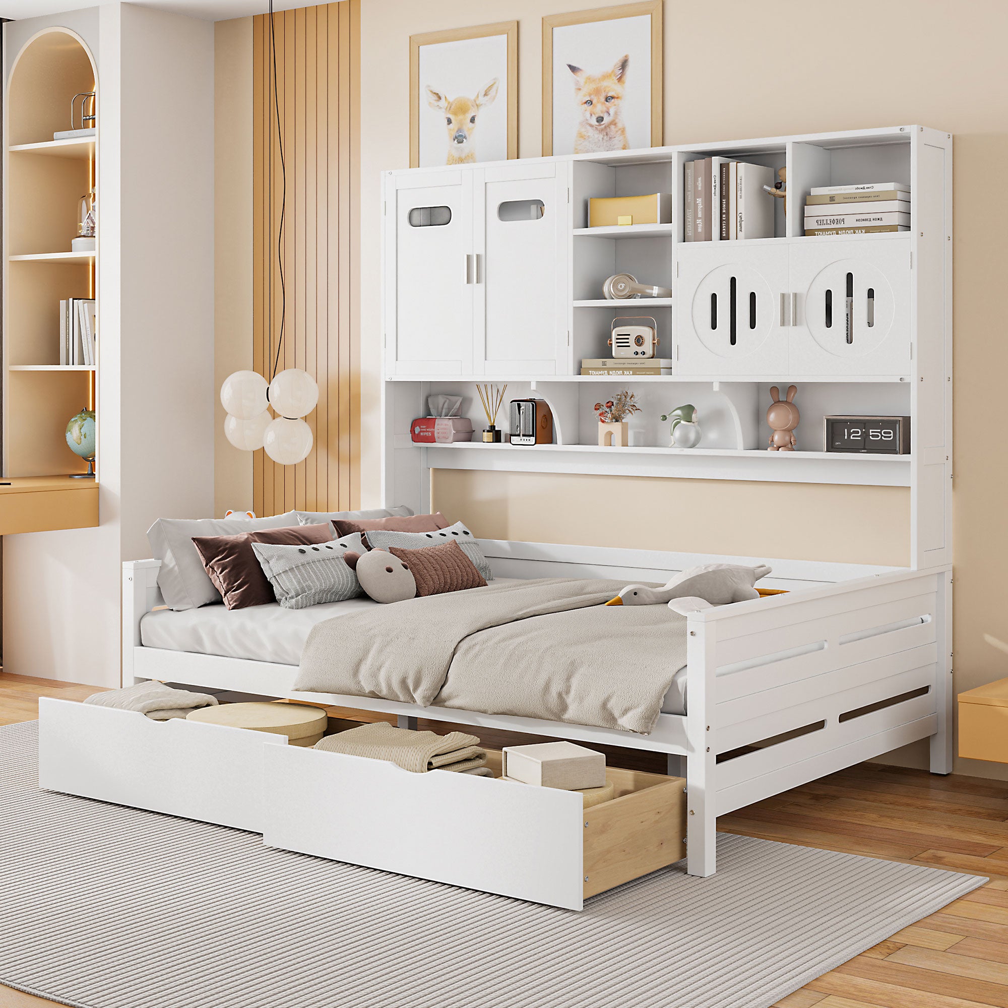 Full Size Wooden Daybed With 2 Drawers, And All In One Cabinet And Shelf, White Full White Wood