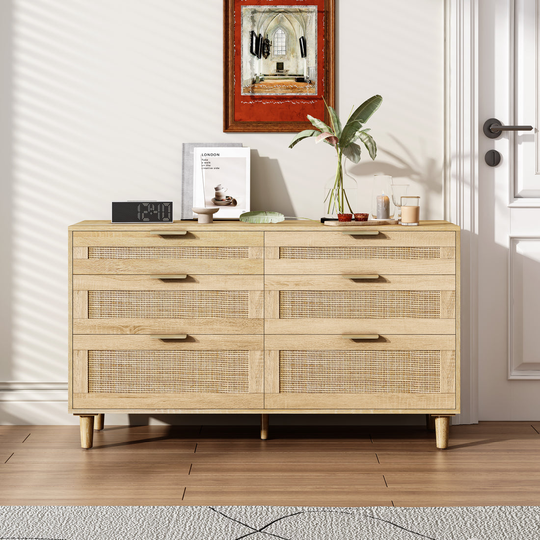 51" Rattan Dresser With Drawers, 6 Drawer Dresser For Bedroom, Clothes Storage Cabinet For Bedroom, Metal Handle&Wood Legs For Hallway, Living Room, Bedroom,Natural Natural Mdf Metal