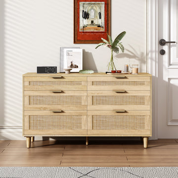 51" Rattan Dresser With Drawers, 6 Drawer Dresser For Bedroom, Clothes Storage Cabinet For Bedroom, Metal Handle&Wood Legs For Hallway, Living Room, Bedroom,Natural Natural Mdf Metal