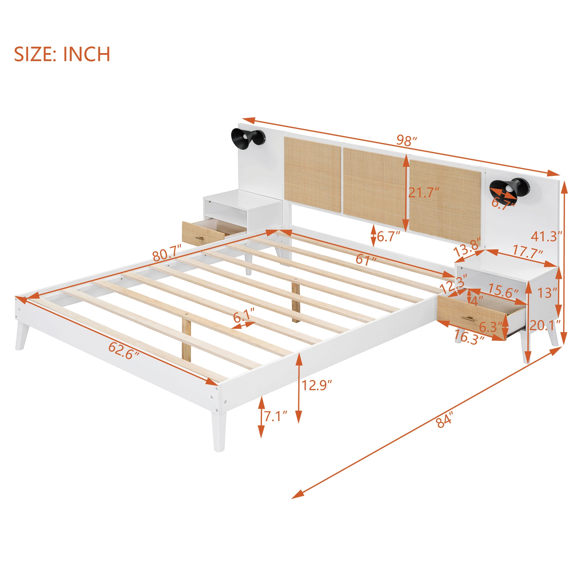 Queen Size Solid Wood Bed Frame With 2 Nightstands, Elegant Design With Lamps, Rattan And Wood Combination,White Queen White Wood