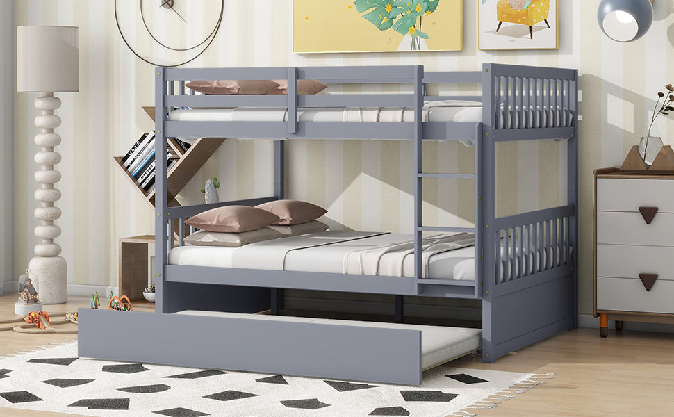 Full Over Full Rubber Wood Bunk Bed With Trundle, Ladder And Guardrails, Convertible To 2 Full Size Beds, With Twin Size Trundle ,Grey Full Grey Bedroom American Design Bed Frame Rubber Wood