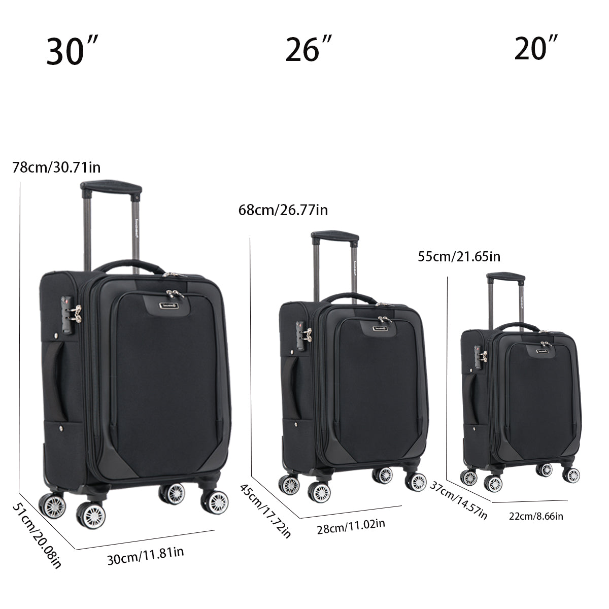 3 Piece Lightweight And Stylish Travel Suitcase 20 Inches, 26 Inches, 30 Inches. Durable And Easy To Carry Design, Ergonomic Interior For Both Men And Women. Black Black Fabric