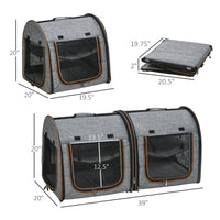 Pawhut 39" Portable Soft Sided Pet Cat Carrier With Divider, Two Compartments, Soft Cushions, & Storage Bag, Grey Gray Polyester