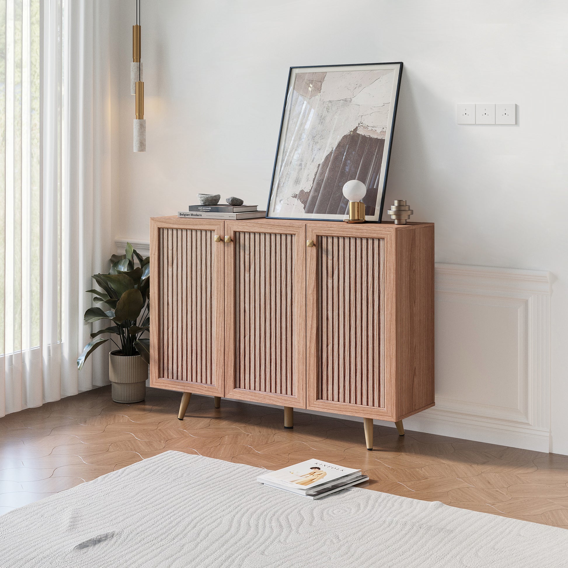 Storage Cabinet With Three Doors,Wood Sideboard Buffet Storage With Adjustable Shelf,Wood Coffee Bar Cabinet,Kitchen Buffet Cabinet Cupboard,46.85''W X 13.5''D X 30.7''H. Tangerine Particle Board