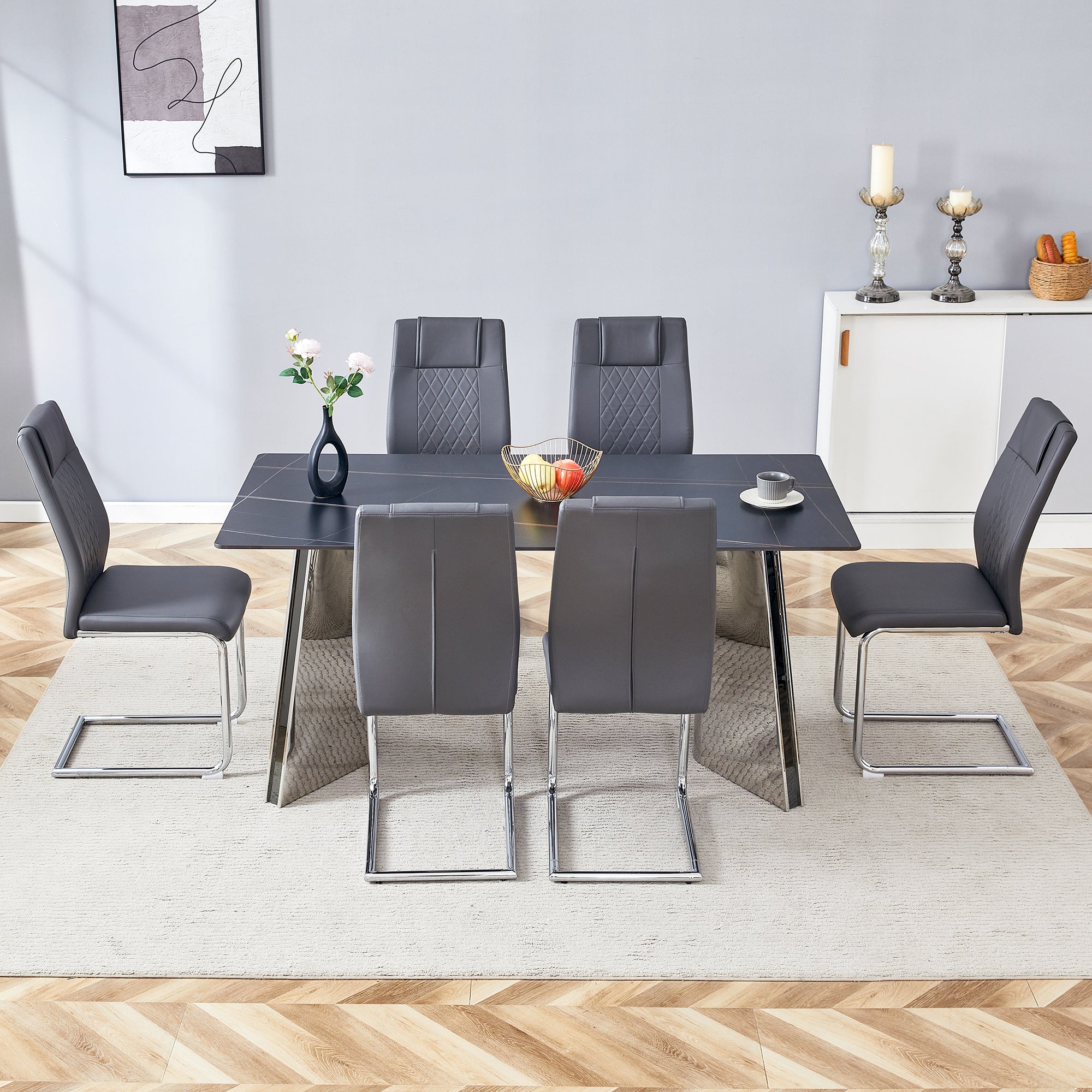 Table And Chair Set.63"X31.5X30" Black Marble Patterned Slabs Tabletop With Stainless Steel Butterfly Legs.Paried With 6 Dark Gray High Quality Pu Chairs With Silver Metal Legs. Dark Gray,Silver