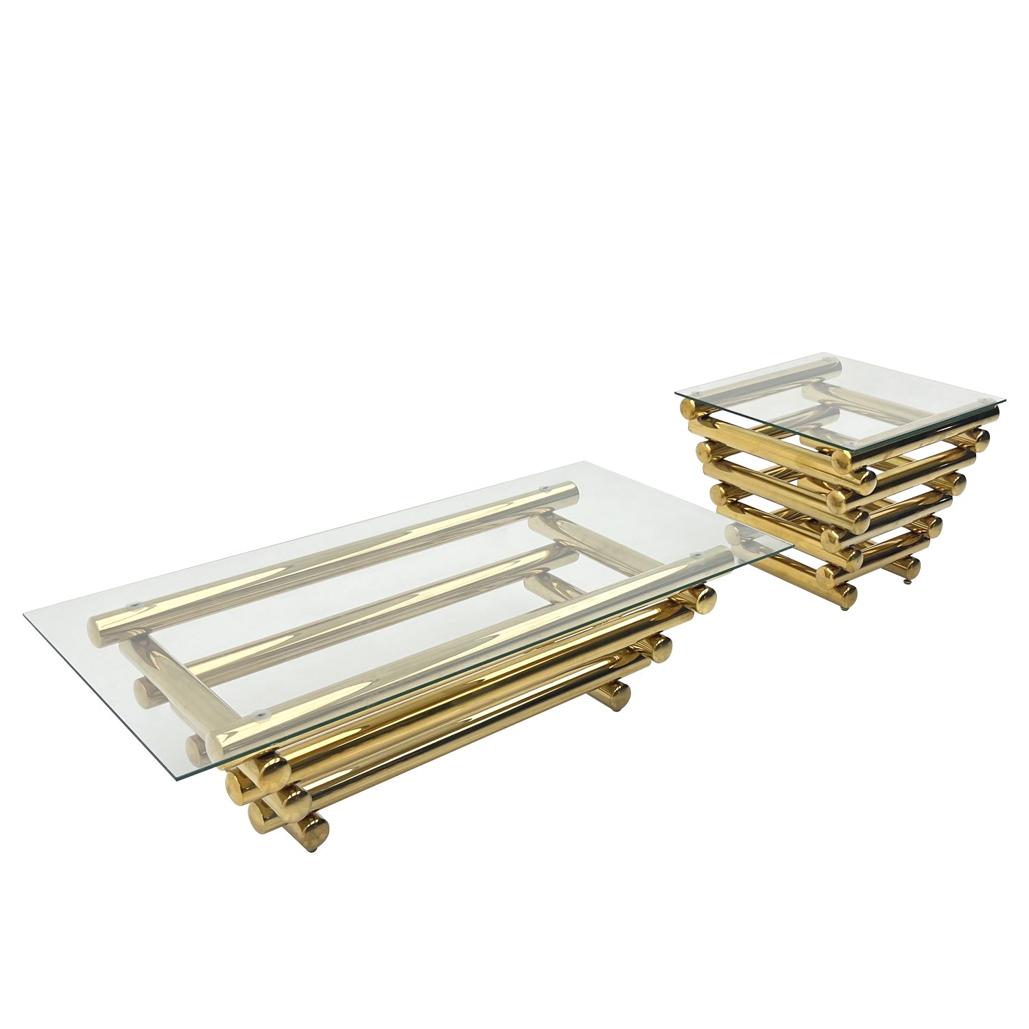 Modern Stainless Steel Coffee Table Set Set Of 2 , Clear Tempered Glass Table Top, Coffee Table & End Side Table 2 Pieces Sets For Living Room, Gold Clear,Gold Modern Open Storage Stainless