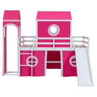 Twin Size Loft Bed With Slide Pink Tent And Tower Pink Old Sku:Wf298769Aah Twin Pink Solid Wood