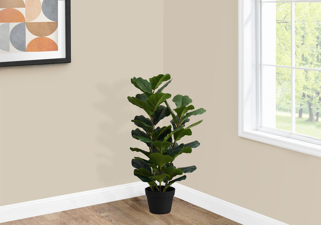 Artificial Plant, 32" Tall, Fiddle Tree, Indoor, Faux, Fake, Floor, Greenery, Potted, Real Touch, Decorative, Green Leaves, Black Pot Green Foam Plastic