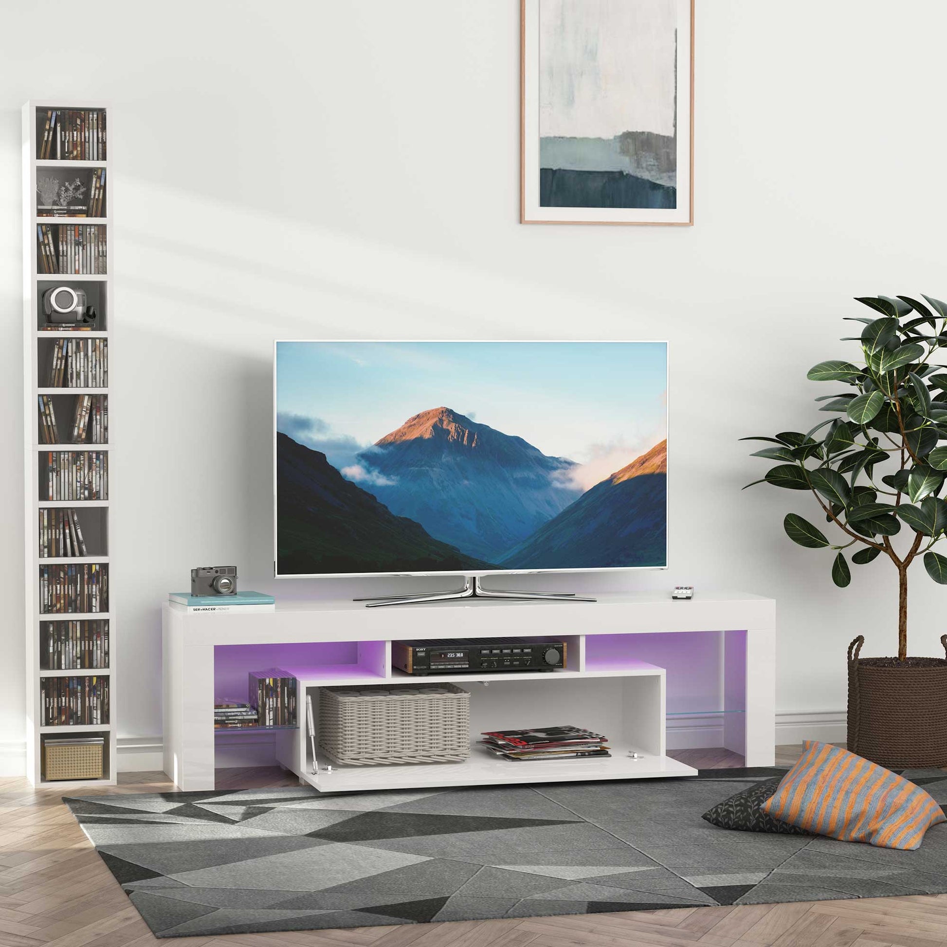 Homcom High Gloss Tv Stand Cabinet With Remote Controlled Led Lights, Media Tv Console Table With Storage Compartment For Tvs Up To 65", White White 60 69 Inches Mdf