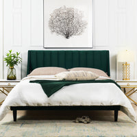 Aspen Vertical Tufted Modern Headboard Platform Bed Set, Queen, Evergreen Velvet Box Spring Not Required Queen Green Wood Foam Velvet Velvet