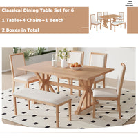 Farmhouse Classical 6 Piece Dining Table Set With Trestle Legs,Kitchen Table Set For 6 With 4 Upholstered Dining Chairs And Bench, Natural Wood Dining Room Solid Wood Rubberwood Rectangular Dining Table With Chair And Bench Upholstered Chair Wood Natural