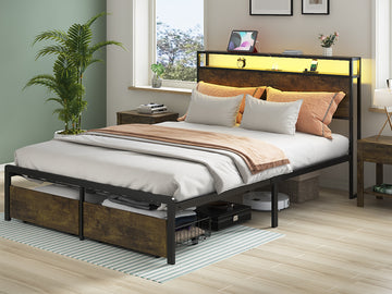 Full Bed Frame With Led Lights And Charging Station Robust Metal Wood Construction, Rustic Wood Platform Bed Frame With 2 Drawers, No Box Spring Needed, Noise Free, Vintage Brown, Easy Assemble Box