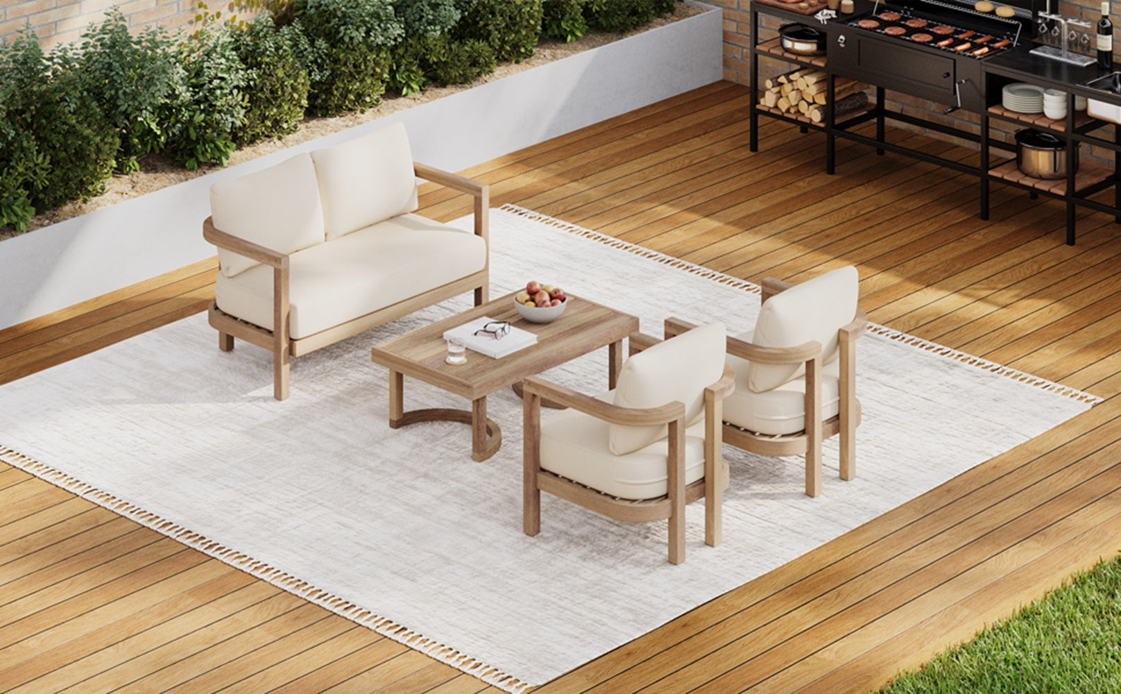 4 Pieces Acacia Wood Patio Furniture Set, Outdoor Furniture With Coffee Table, Patio Conversation Set Deep Seating With Soft Cushion, Porch Chairs For Garden, Backyard Porch Balcony, Brown Wash, Beige Yes Brown Beige Seats 4 Garden & Outdoor Sectional