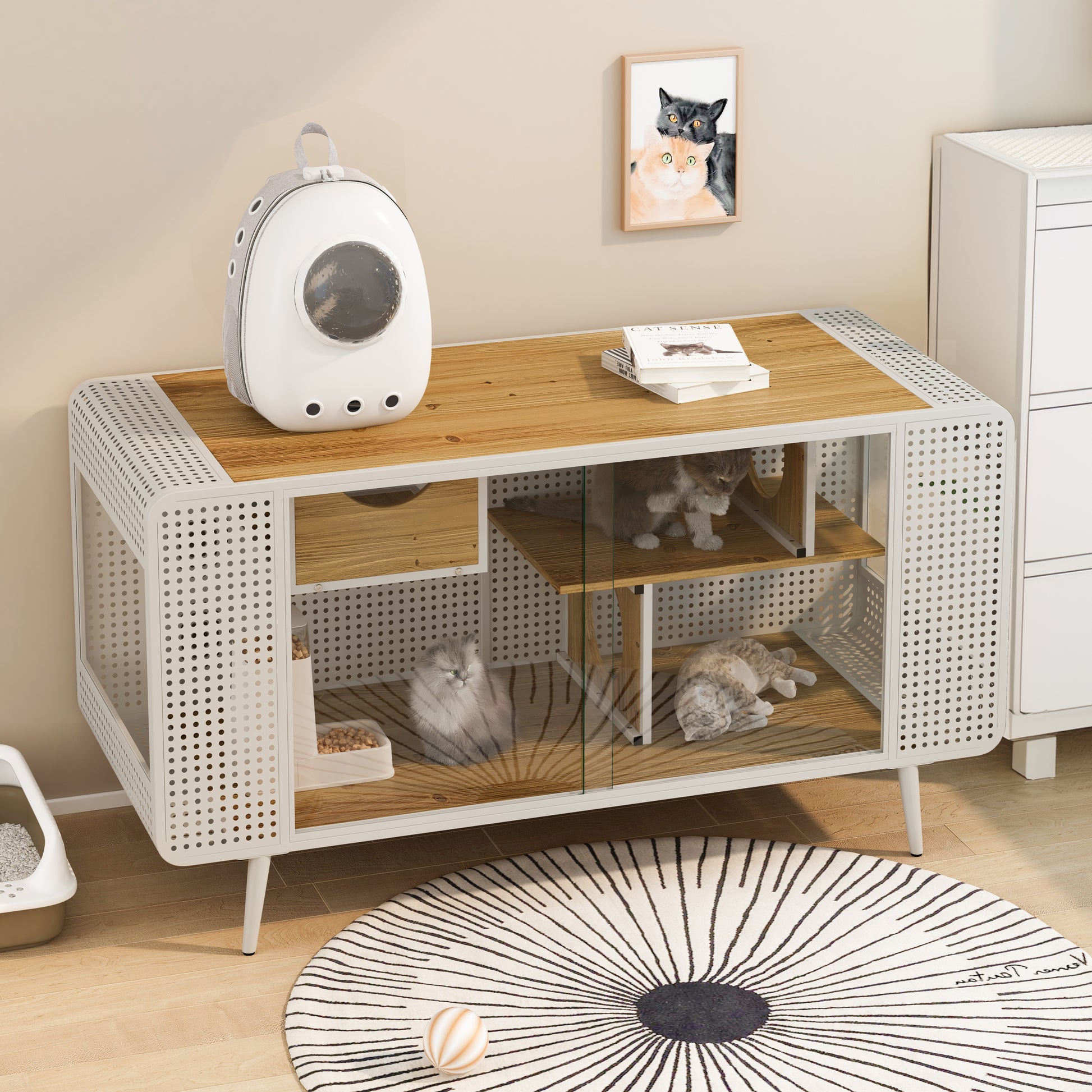 55.12 "Spacious Cat House With Tempered Glass, For Living Room, Hallway, Study And Other Spaces White White Glass Metal